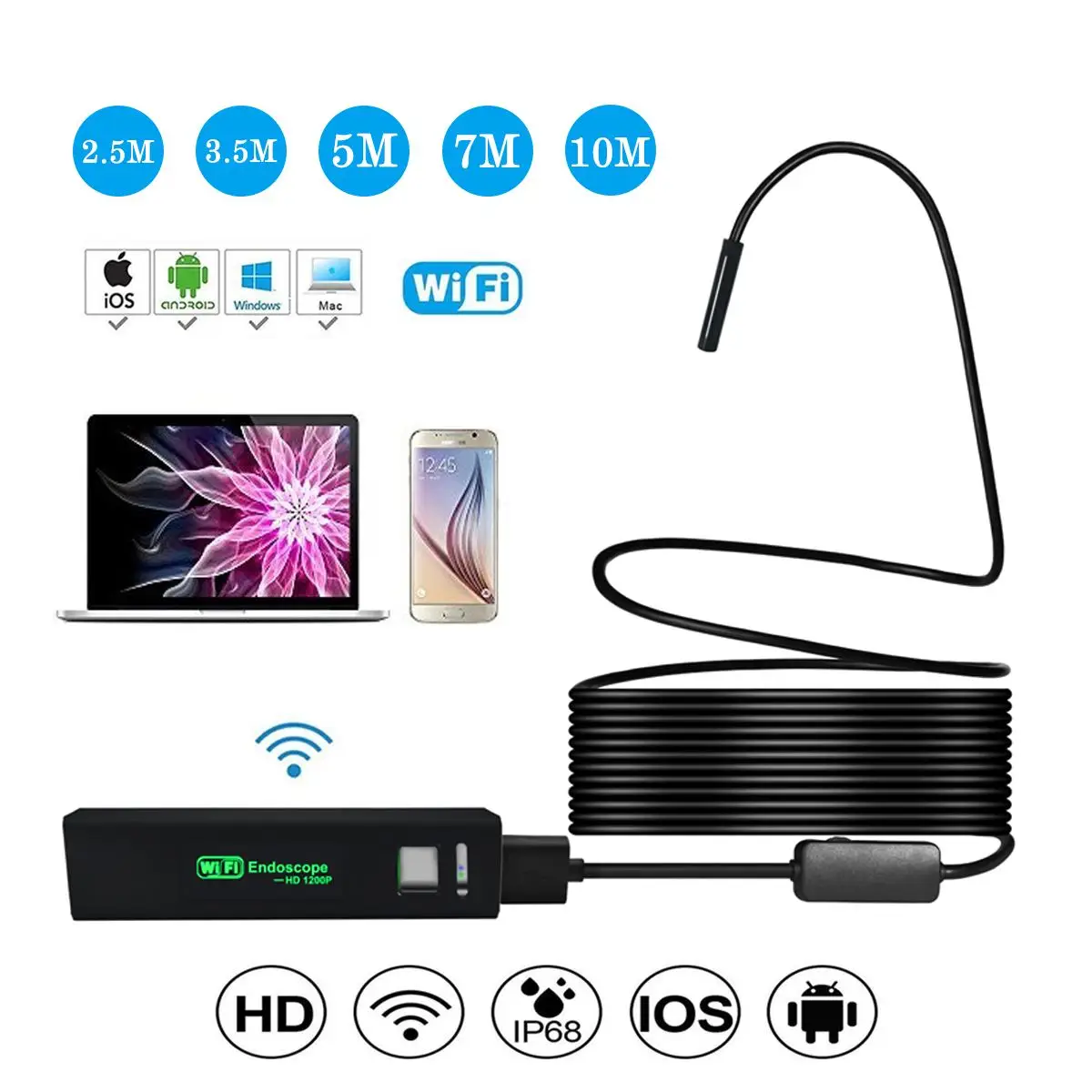 

1200P IP68 8 LED Adjustable Lights 8mm Waterproof WiFi Borescope Camera for PC Android iOS Hard Line