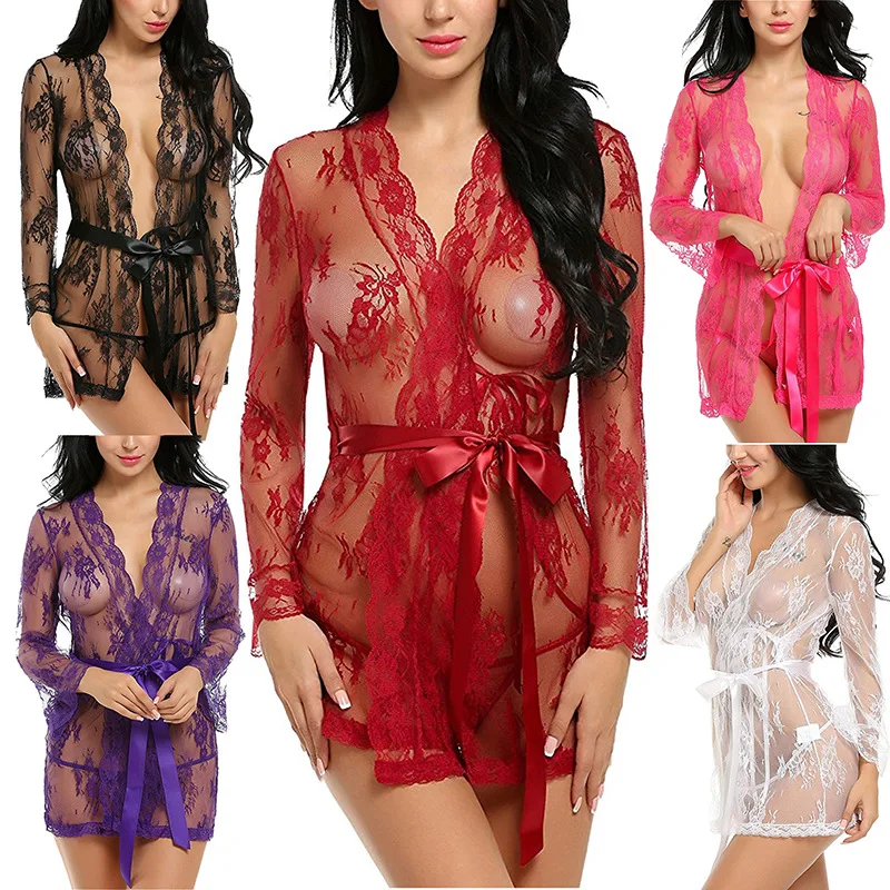 

Babydoll Sexy Lingerie Women Erotic Lace Sleep Shirt Red Purple Black White Rose Transparent Sleepshirt Sexy Nighties Top Robe