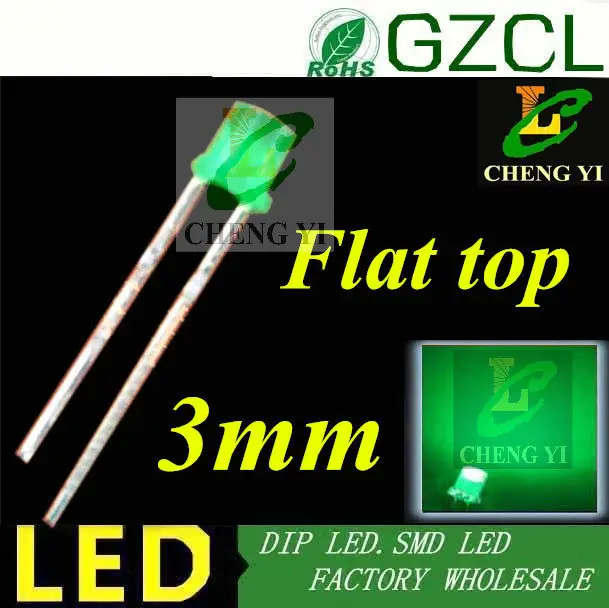 Alibaba led завод 3 мм светодиод зеленый рассеянный плоский Топ Светодиодная лампа с двухрядным расположением выходов 520-530nm 3,0-3,5 V(CE& Rosh