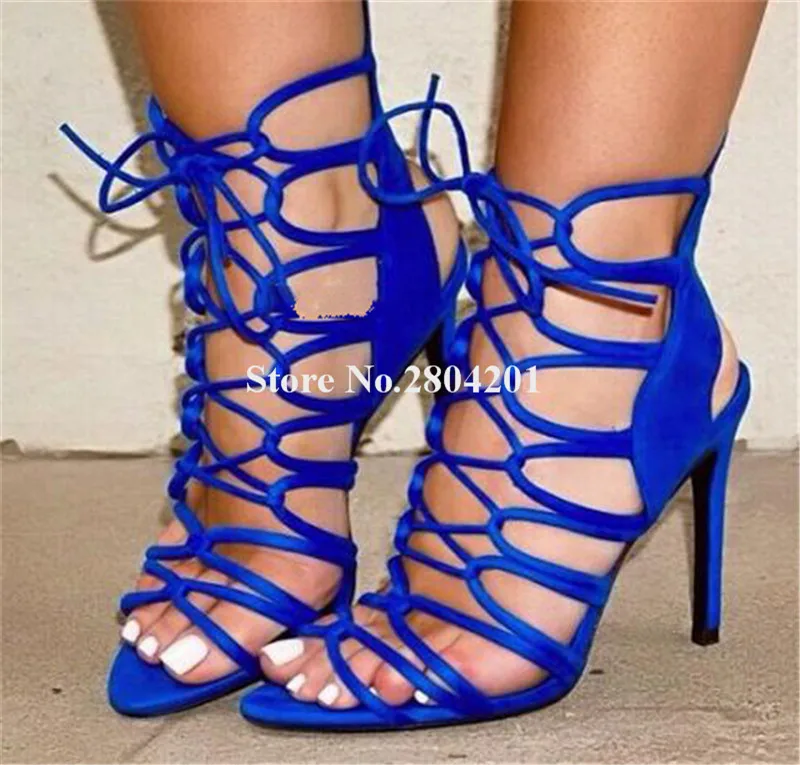 

Summer New Fashion Open Toe Stiletto Heel Gladiator Sandals Lace-up Blue Pink High Heel Sandals Dress Shoes