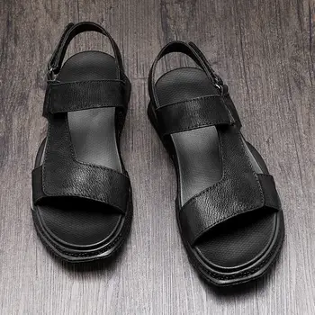 

Classical Rome Style Men Heighten Sandals Real Leather Thick Heel Summer Slides Male Hook Loop Beach Shoes