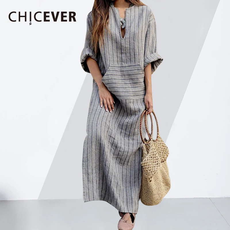 

CHICEVER Vintage Striped Dress For Women Loose Plus Size 4XL 5XL Autumn Long Sleeve Women's Dresses Female Clothes Fashion New