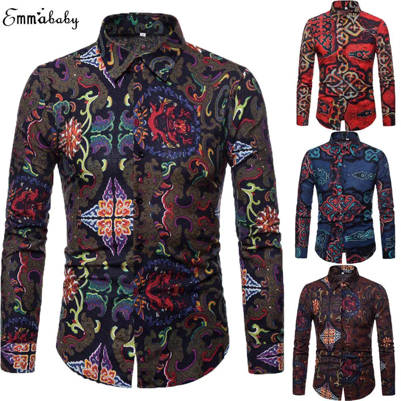 

Fashion Men Casual Shirts Business Dress Shirt Long Sleeve Slim Fit Tops Boho Floral Printed Shirt Thailand Mexico Holiday Style