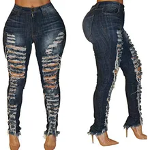 Women Fashion Low Waist Ripped Hole Skinny Jeans Ripped Jeans for Women Rock Jean Full Length Dark Blue Trousers S-XXL blue fashion low waist ripped letter pattern skinny jeans