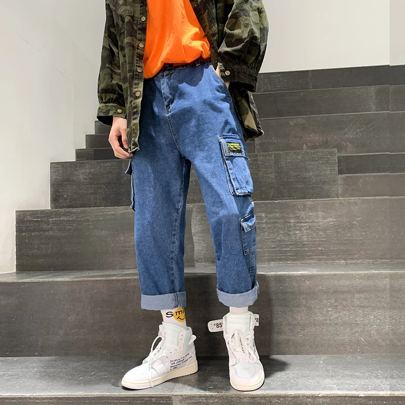 

2019 Summer Men's Tide Casual Pants Baggy Homme Classic Cargo Pocket Black/blue Color Jeans Biker Denim Trousers Big Size M-5XL