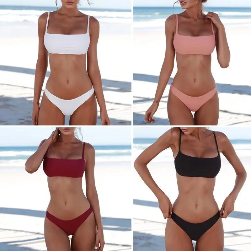 

2019 New Summer Women Solid Bikini Set Push-up UnPadded Bra Swimsuit Swimwear Triangle Bather Suit Swimming Suit biquini