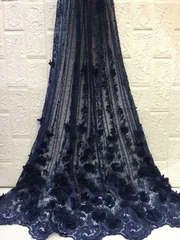

African 3D flower applique lace fabric with pearls navy blue wedding material embroidered beaded Nigerian french tulle mesh lace