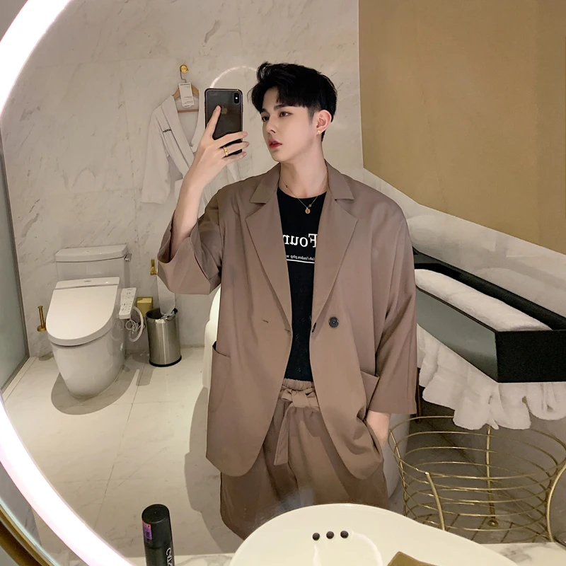 

2019 (clothes+shorts) Summer Men's Solid Color Seven Part Sleeve Cardigan Shorts Suit Sets Short Tracksuit Male Sport Suits