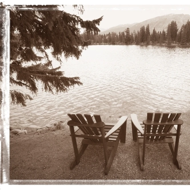 Empty Chairs On Waterfront Poster Print (17 x 11) | Дом и сад