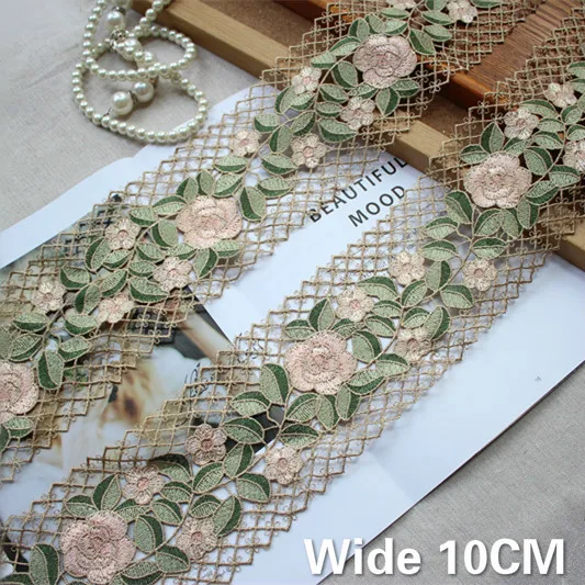 

10CM Wide Delicate Green Flowers Embroidered Guipure Lace Fabric Ribbon DIY Applique Trim Decorted Women Dress Curtains Sewing