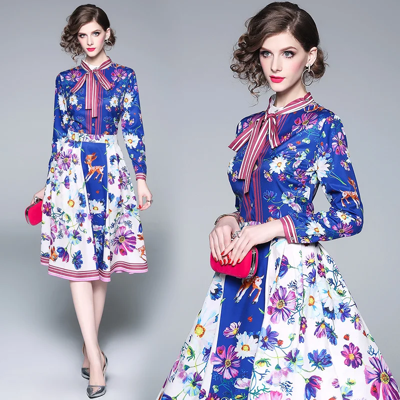

2018 Runway Designer New Autumn Party Midi Dress Women High Quality Floral Print Bow Tie Female Purple Dresses Vestidos Tunic