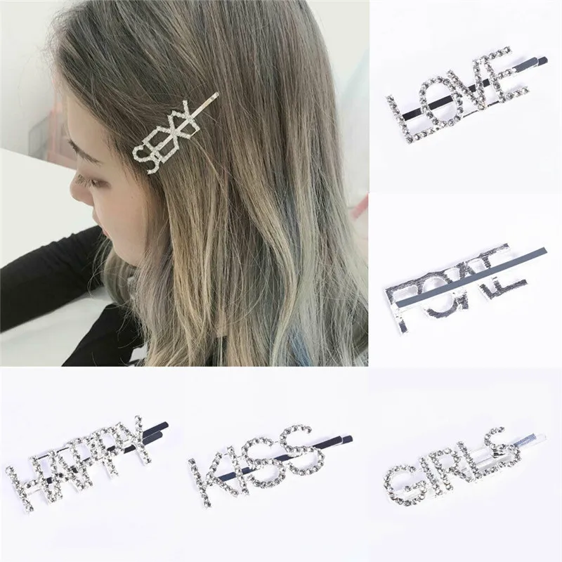 

8 Styles Women Rhinestone Word Letters Hair Clip Hairpin Slide Grips Jewelry Headpiece Bling Barrette Hair Clip Clamp Hairpin