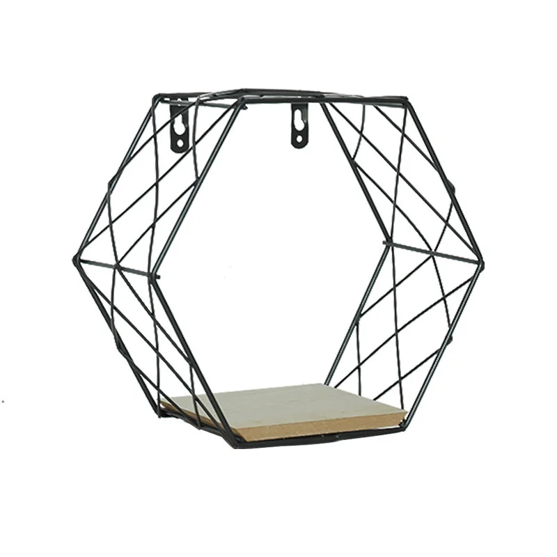 

Wall Wood Hexagon Storage Shelf Iron Rack Holder Floating Geometric Home Decor