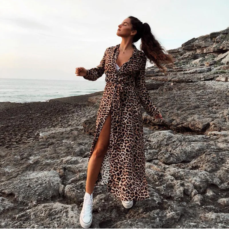 New Women Leopard Print Ankle Length Beach Dress Bow Tie Sashes Long Sleeve Retro Ladies Chic Dresses Sexy V Neck Robe Vestidos
