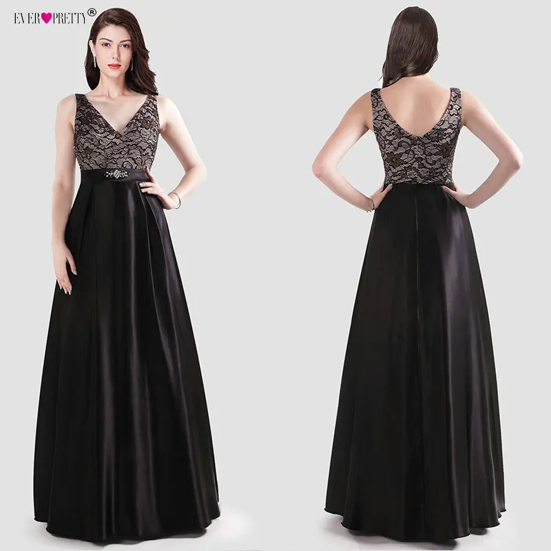 

Black Evening Dresses Long 2019 Ever Pretty New Elegant V-neck Satin A-line Lace Appliques Sleeveless Wedding Guest Gowns