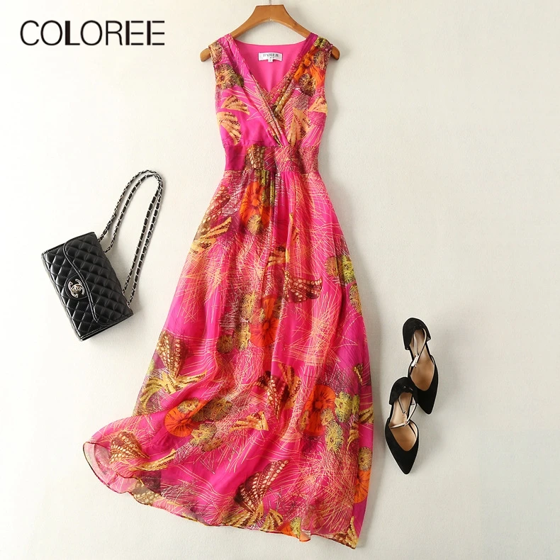 

100% Pure Silk 2019 Summer Elegant V-Neck Sleeveless Floral Print Dress Womens Luxury Boho Style Midi Bright Slim Beach Dress