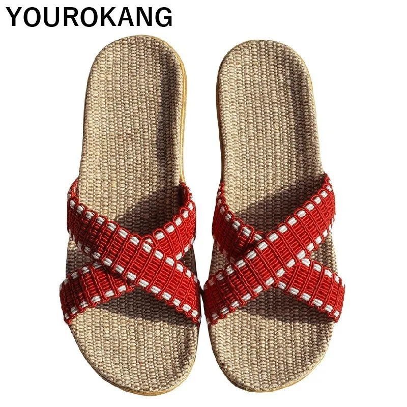 

Summer Linen Home Slippers Indoor Couple Lovers Flax Slippers Unisex Flip Flops Women Shoes Household Floor Female Footwear 2019