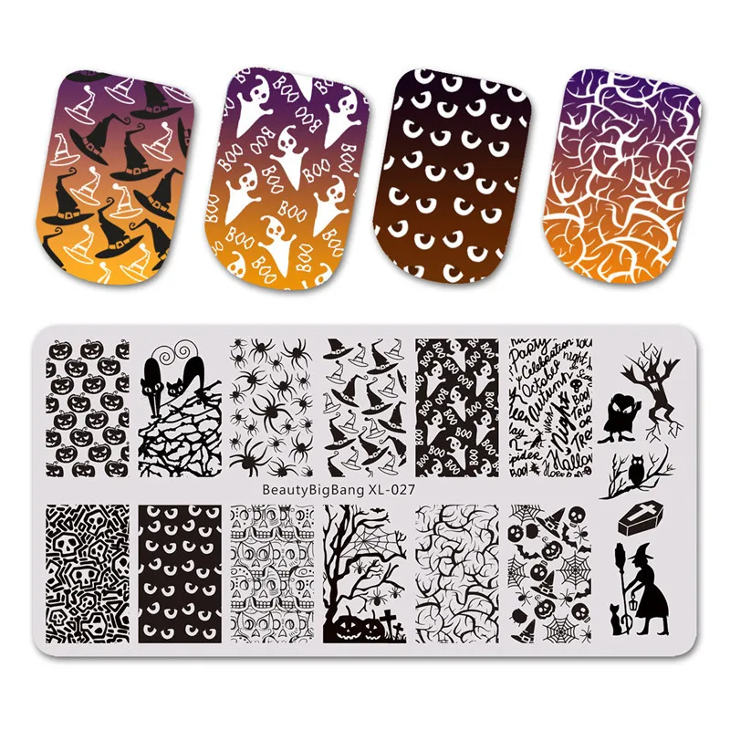 

BeautyBigBang Nail Stamping Plates Halloween Spider Skull pumpkin Witch Image Nail Art Template stencil for nail BBB XL-027