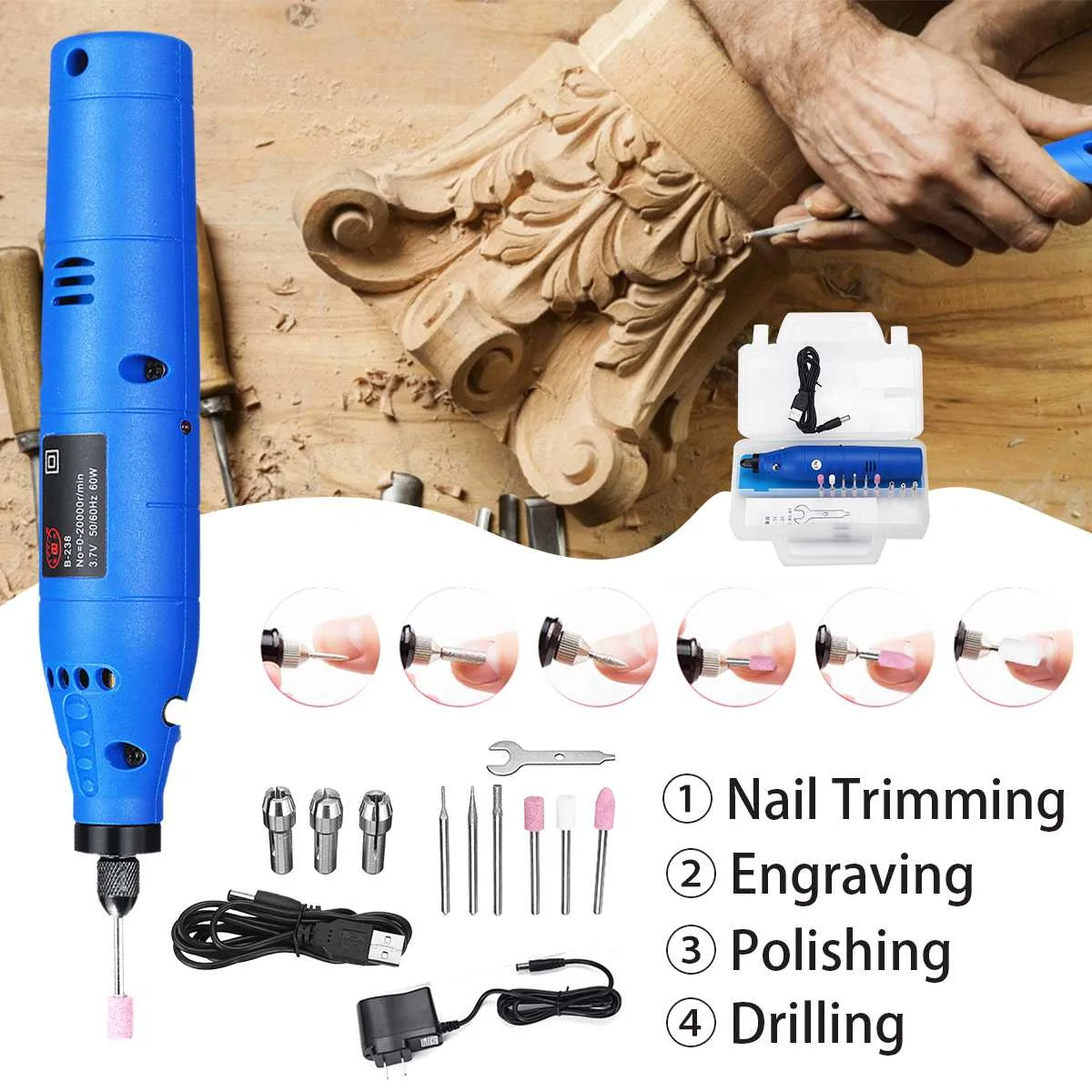

Multifunction USB Electric Rechargeable Engraving Grinder Pen Pedicure Manicure Nail Drill Set 20000 RPM Plastic + Metal Blue