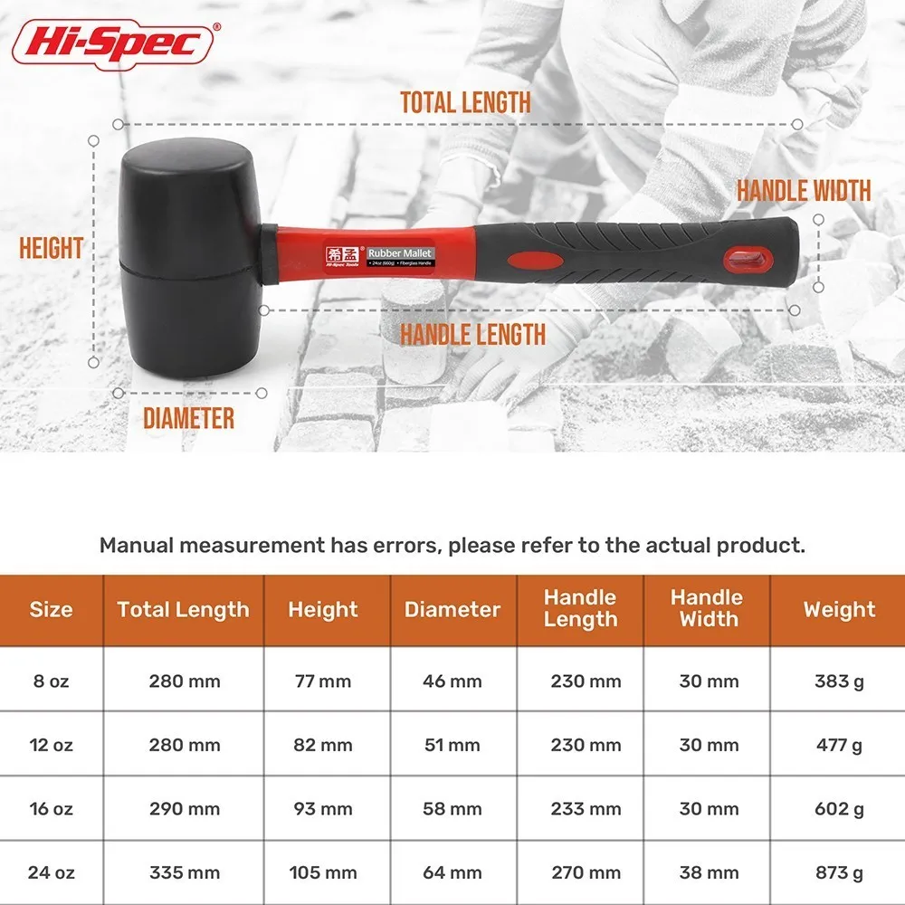 Hi-Spec Heavy Duty Mallet Rubber Hammer 8/12/16/24oz Professional Floor Ceramic Tile Installation Fiberglass Hammer Hand Tools
