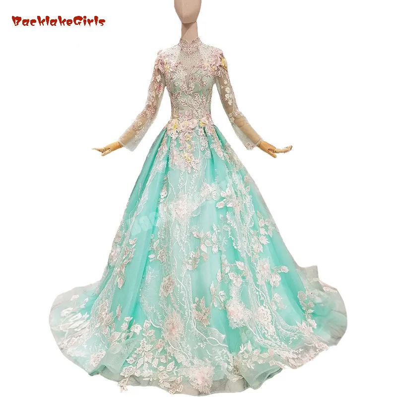 

Backlakegirls beautiful Mint Green appliques evening dress High Neck Ball Gown Long Sleeves Illusion Evening Dress Real Photo