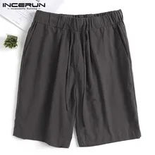 INCERUN летние х/б мужские Шорты однотонные повседневные шорты до колена свободные винтажные мужские пляжные шорты на шнурке