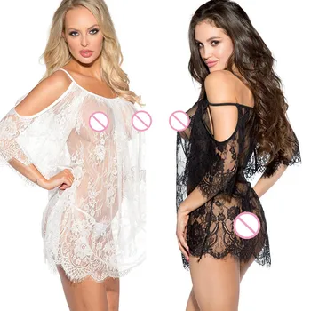 

Sexy Lingerie Women Black White Exotic Apparel Sexy Costumes Eyelash Lace Leakage Shoulder Transparent Sexy Nightgown Underwear
