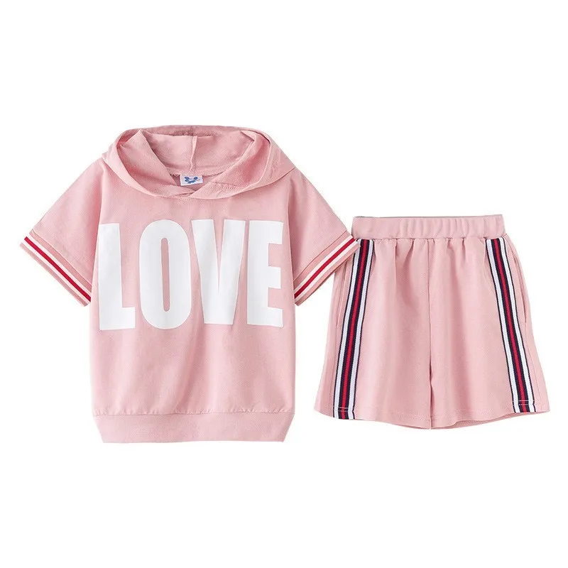 Summer Kids Girl Sport Set Fashion Children Short Sleeve Hoodie+elastic Waist Short School Suit For Girls 5-14Y Teenager Clothes