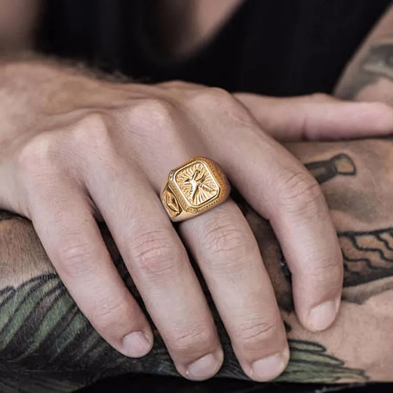 

American Eagle Animal Signet Ring for Men Golden Stainless Steel Male Jewelry