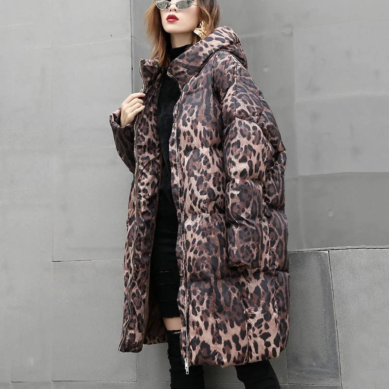 [EAM] 2019 New Spring Hooded Long Sleeve Leopard Printed Loose Large Size Cotton-padded Coat Women Parkas Fashion JK242