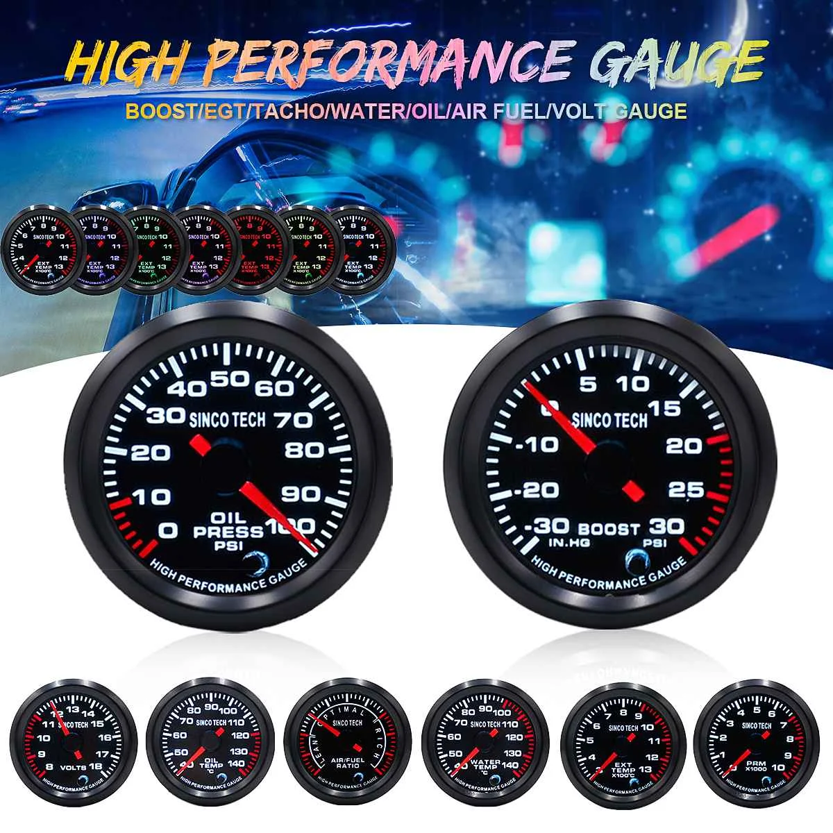 

Car Gauge 52mm LED Digital Display EXT temp/Air Fuel/Volts/Oil press/Oil Temp/Water temp/Boost/Tachometer Gauge Aluminum 7 Color