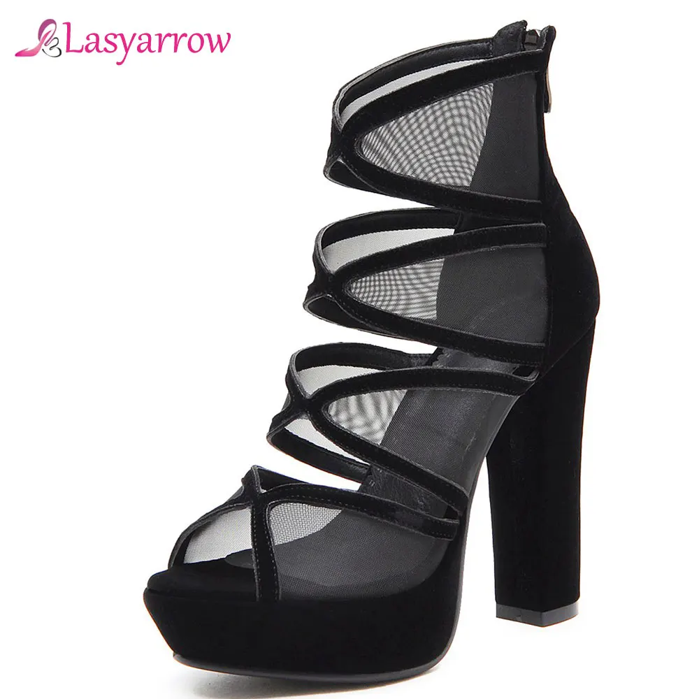 

Lasyarrow 2019 Women Sandals Flock +Mesh Net Peep Toe High Thick Heel Summer Sweet Style Fashion Shoes Woman Size33-43 J751