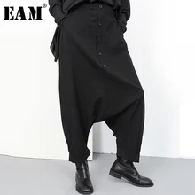 [EAM] Новинка, Осень-зима, высокая эластичная талия, черные, на пуговицах, с разрезом, широкие, длинные, свободные штаны, женские брюки, модные, YG2