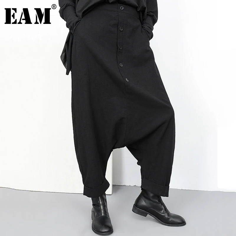 

[EAM] 2019 New Autumn Winter High Elastic Waist Black Button Split Joint Wide Leg Long Loose Pants Women Trousers Fashion YG2
