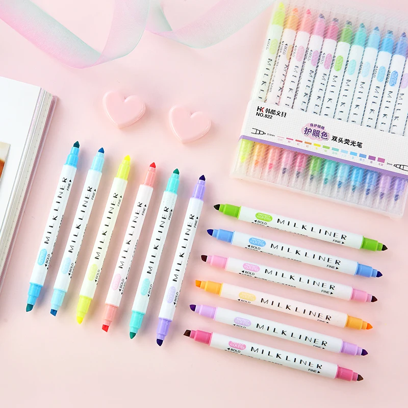

12pcs/set Cute Double Head Fluorescent Pen Milkliner Highlighters Color Marker Pen Office School Supplies Kawaii