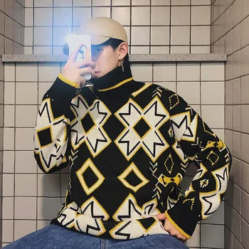 

2018Autumn And Winter Japanese Casual Geometric Sweater Can Be Turned Over High Collar Pullover Couple Sweater Red / Black M-2XL