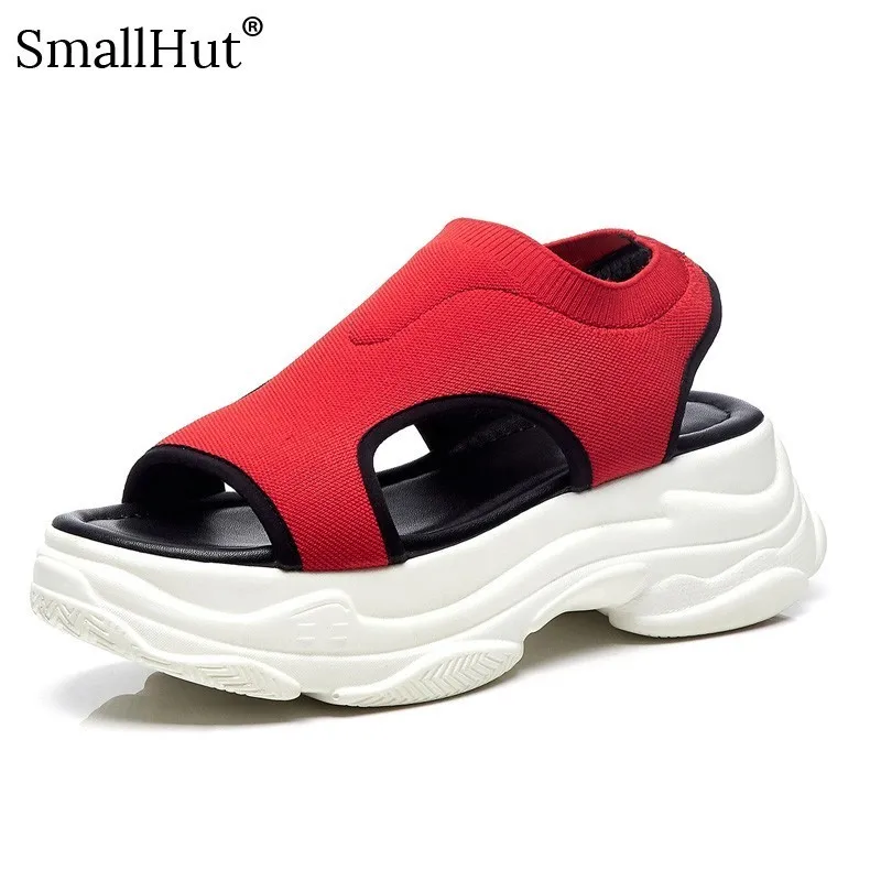 

Women T-Strap Platform Sandals Summer Stretch Fabric New 2019 Ankle Strap Womans Casual Shoes Black Red Gray Ladies Sandal D007
