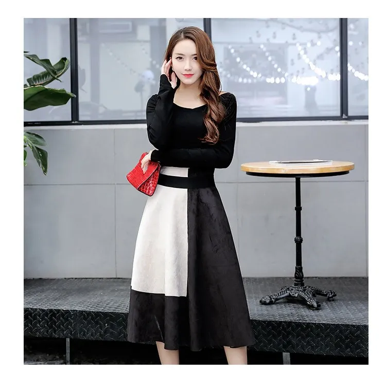 

Long Sleeve Patchwork Dress Winter Spring Casual A Line Dress Two Pieces Women Office Dress vestidos