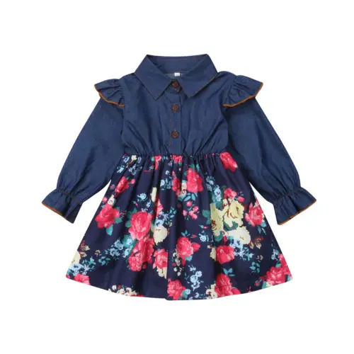 Одежда для маленьких девочек, платья с цветочным рисунком и рюшами, джинсовое лоскутное платье с длинными рукавами, весенне-Осенние Теплые