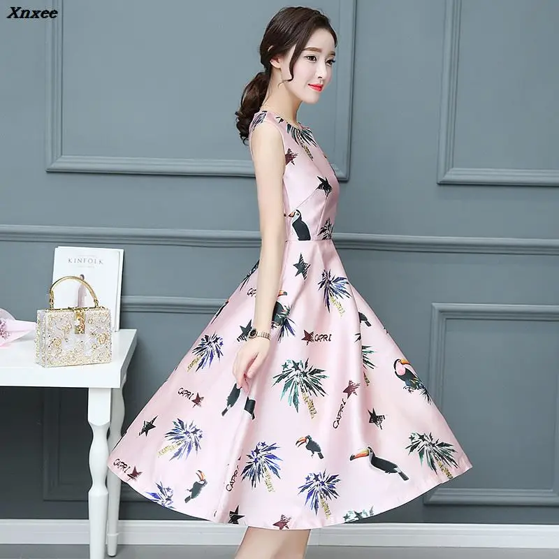 

2018 New Cute Women Dress Floral Print Sleeveless Summer Dress Casual O-neck Party Dresses Vestido Xnxee