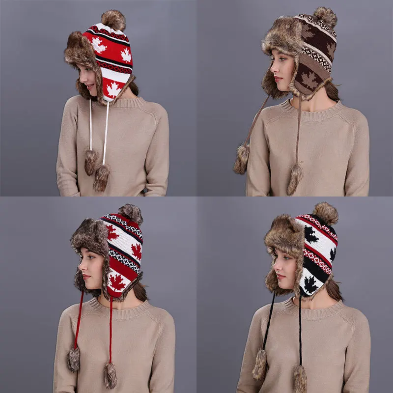 

Joineles Outdoor Fur Pom Ball Decorated Knit Beanie Winter Hat Men Women Unisex Print Earflap Hat Cap Russian Fur Hat Bomber Hat