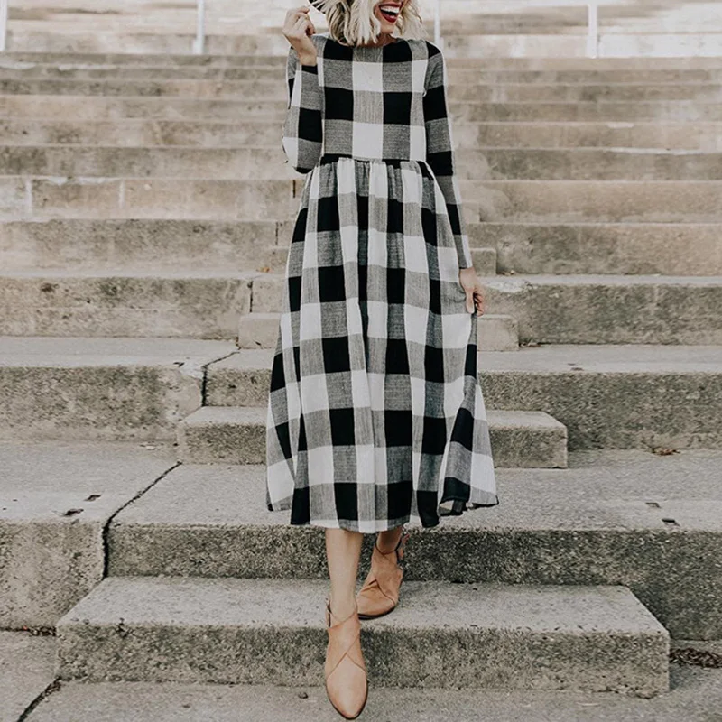 

Womens Long Sleeve Plaid Check Maxidress Ladies Beach Sun Dress Black