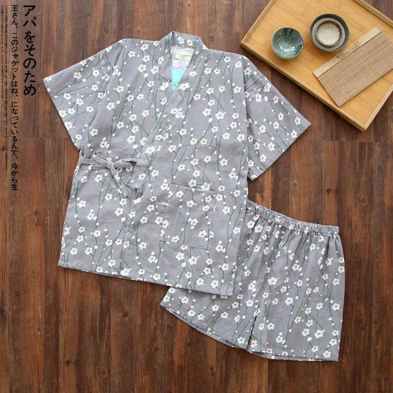 Japanese Kimono Pajamas Set Woman Pure Cotton Gauze Bathrobe Suit Flowers Short Sleeve Yukata Japanese Traditional Clothing New