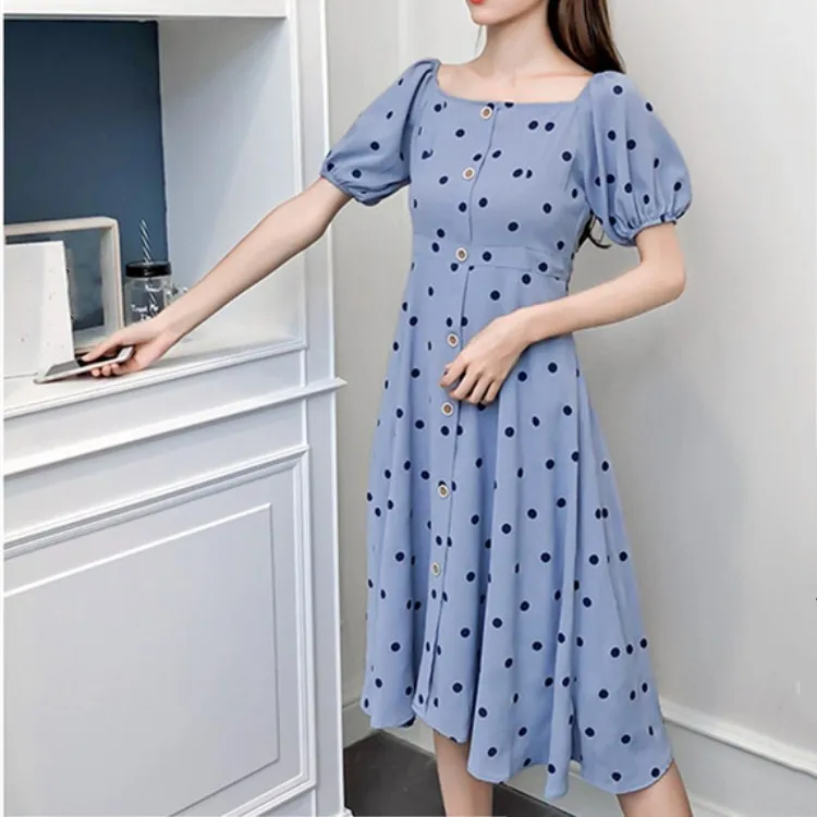 

New Arrival Summer Women Polka Dot ButtonLadies Short Sleeve Elegant Chiffon Dresses
