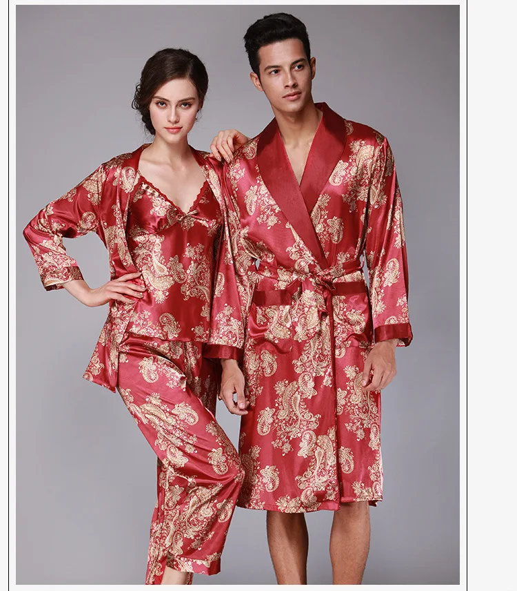 

Chinese Men's Satin Silk Robe Embroidery Kimono lovers Bath Gown sleepwear nightgown