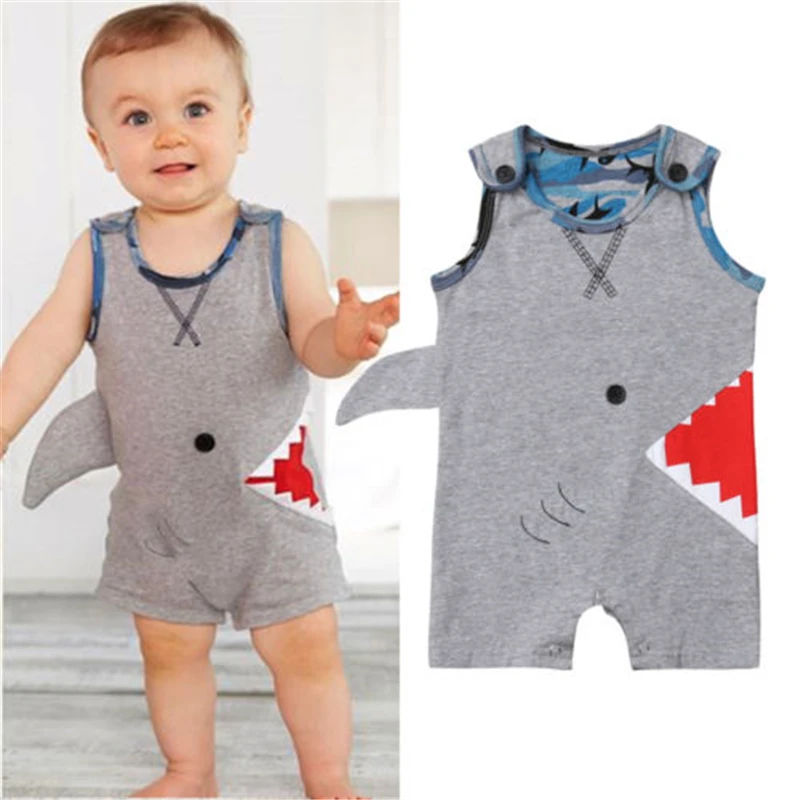 Cute Newborn Baby Boys Cartoon Shark Romper Outfits Hot New Baby Boy Clothes Cute Cartoon Shark Boy Romper Short Sleeve