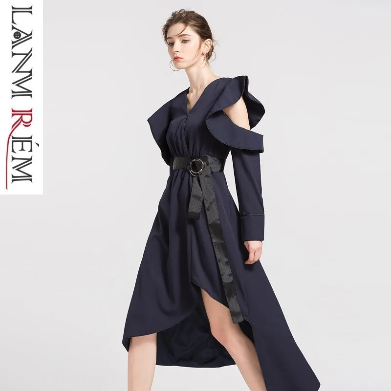 

LANMREM Temperament Ladies Dresses For Woman 2019 Spring Summer Irregular Dress Sexy Ruffle Hollow Out Long Sleeve Cloth YH50017