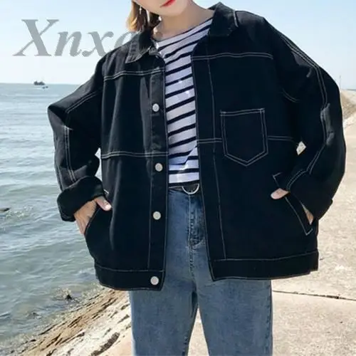 

White line jacket female casual solid demin jackets women street dance loose jackets autumn winter plus size single breasted
