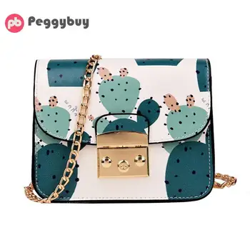 

Girls Cactus Print Flap Shoulder PU Leather Messenger Handbags Women Small Satchel Casual Chain Crossbody Bags Bolsas Femininas