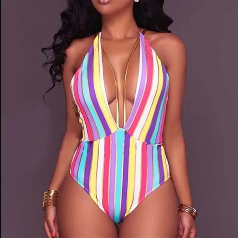 

Rainbow Stripe One-piece Swimsuits Woman One Piece Monokini Push Up Padded Bra Bikini Swimsuit Swimwear Bathing Biquini